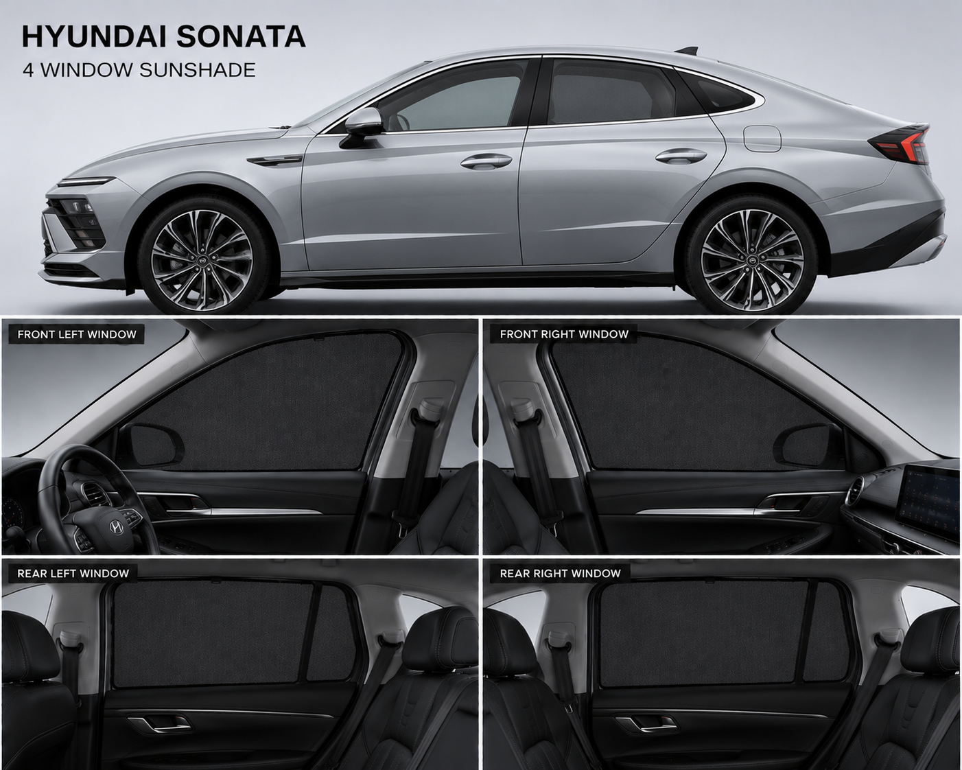 Hyundai Sonata Car Window Sun Shades Black 4 Piece UV Protection Set With Logo