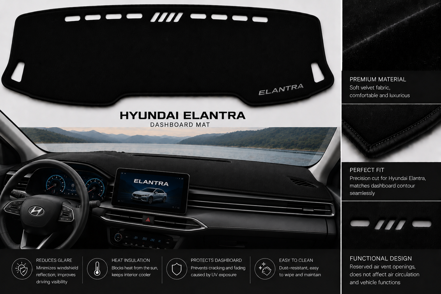 Hyundai Elantra Dashboard Mat Soft Velvet Fabric Sun Protection Cover
