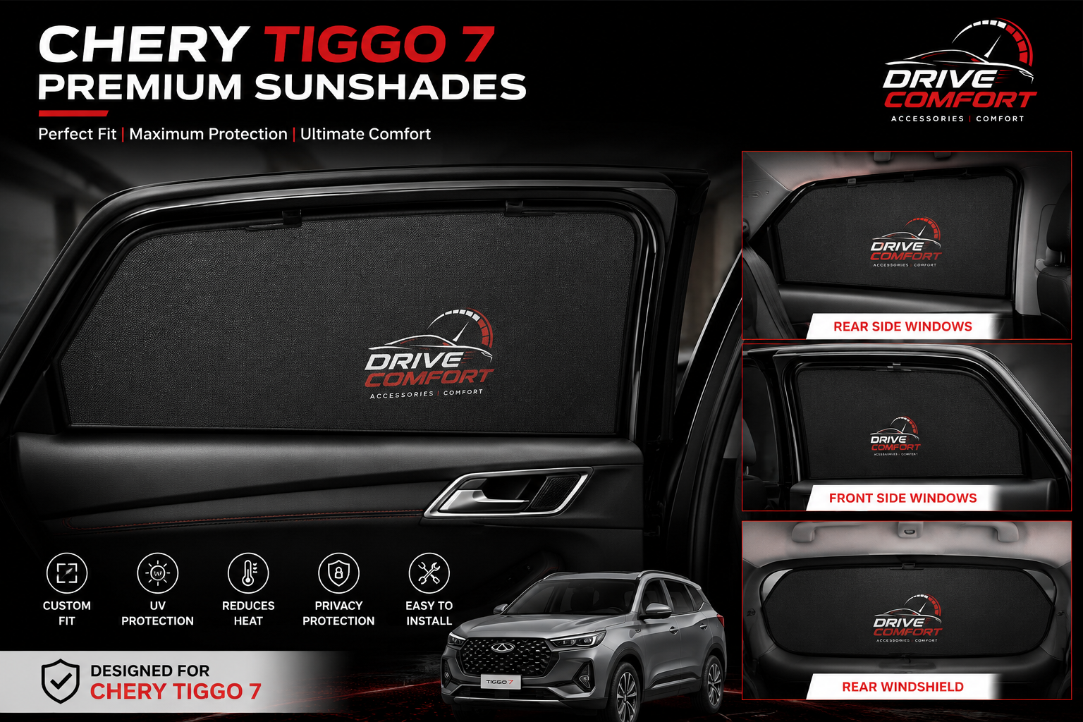 Chery Tiggo 7 Custom Fit Magnetic Car Sunshades Without Logo – Premium UV Protection | Drive Comfort