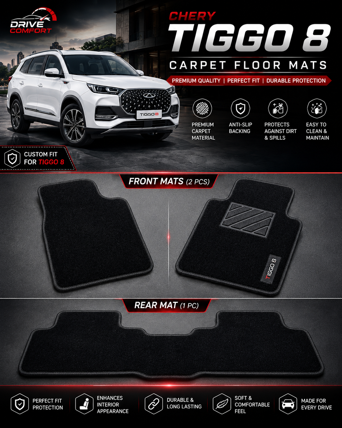 Chery Tiggo 8 Premium Carpet Floor Mats | Custom Fit Car Floor Mats Pakistan