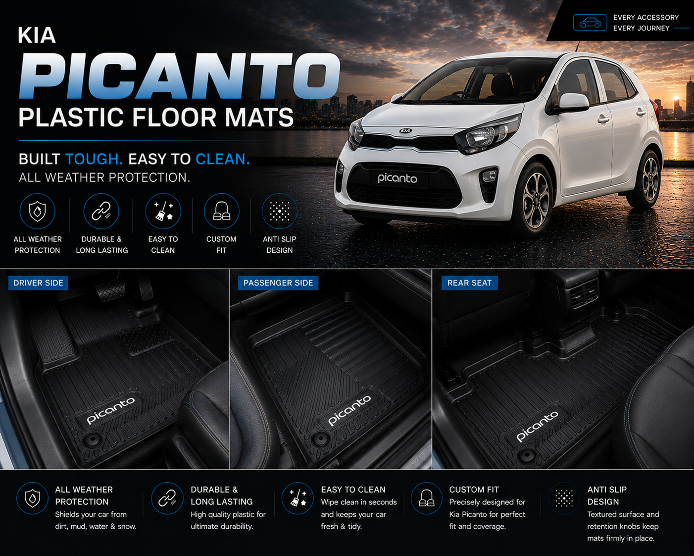 Kia Picanto Premium TPE Floor Mats Custom Fit All Weather Car Mats