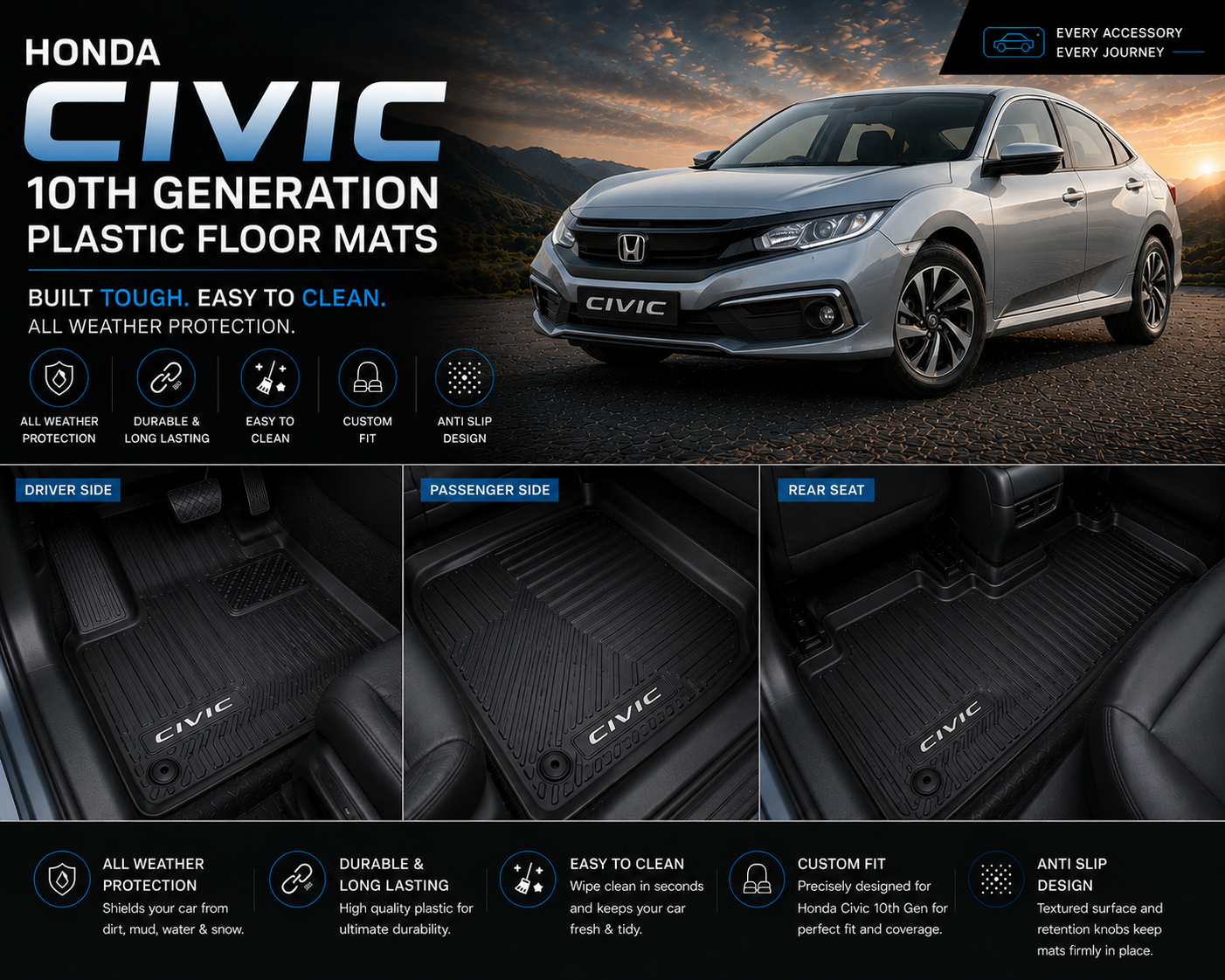 Honda Civic Premium TPE Floor Mats Custom Fit All Weather Car Mats