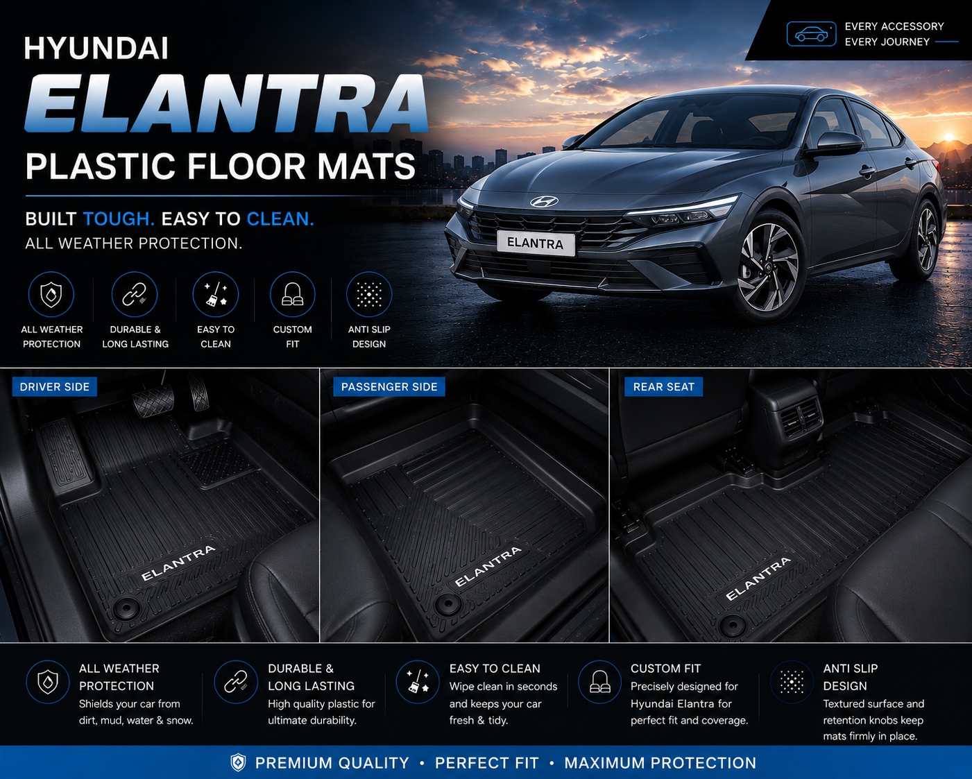 Hyundai Elantra Premium TPE Floor Mats Custom Fit All Weather Car Mats