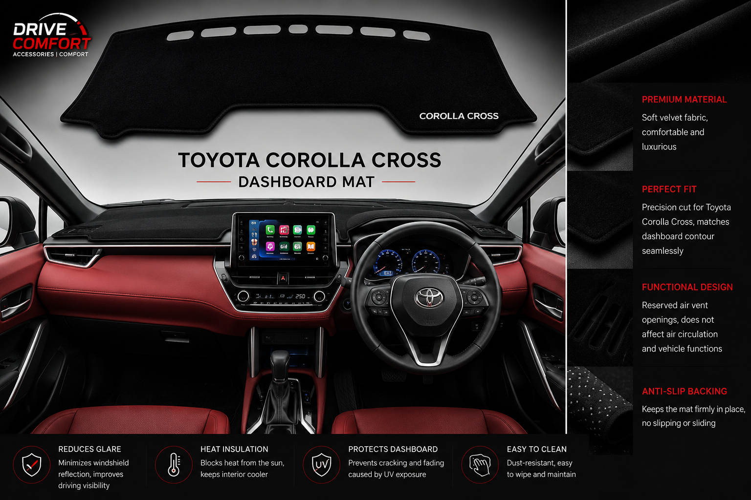 Toyota Corolla Cross Dashboard Mat Soft Velvet Fabric Sun Protection Cover