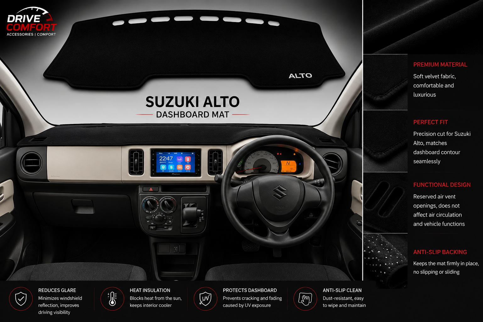 Suzuki Alto Dashboard Mat Soft Velvet Fabric Sun Protection Cover