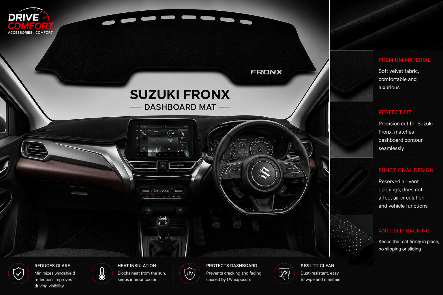 Suzuki Fronx Dashboard Mat Soft Velvet Fabric Sun Protection Cover