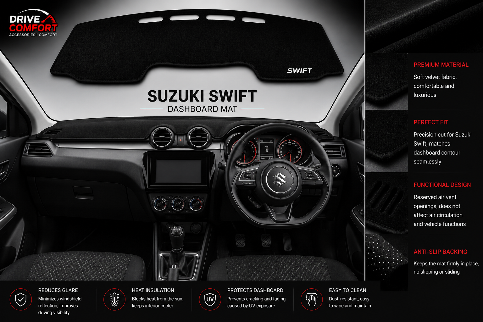 Suzuki Swift Dashboard Mat Soft Velvet Fabric Sun Protection Cover
