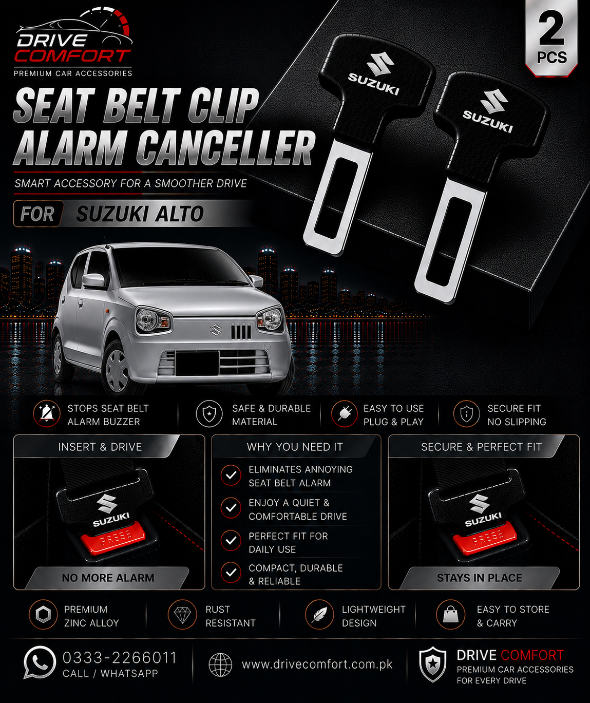 Suzuki Alto Seat Belt Clip Alarm Canceller – Metallic 2 Pcs Set