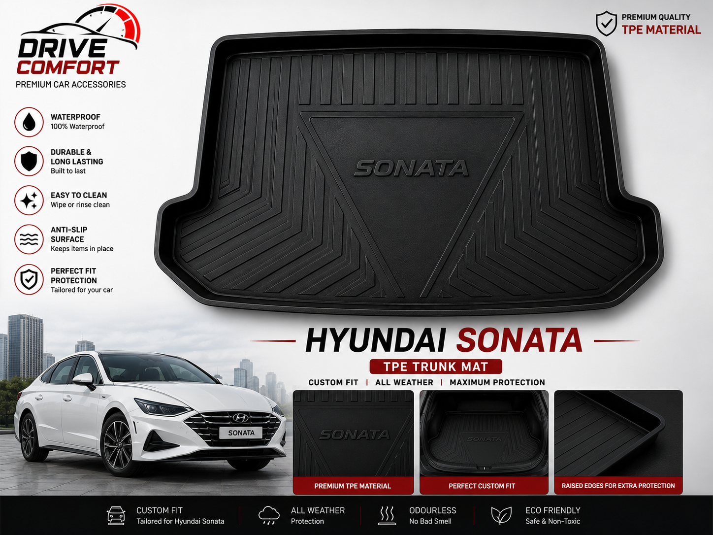 Hyundai Sonata TPE Trunk Mat – Premium Plastic Boot Protection