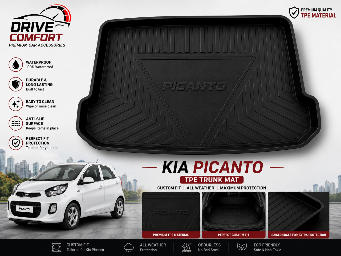 Kia Picanto TPE Trunk Mat – Premium Plastic Boot Protection