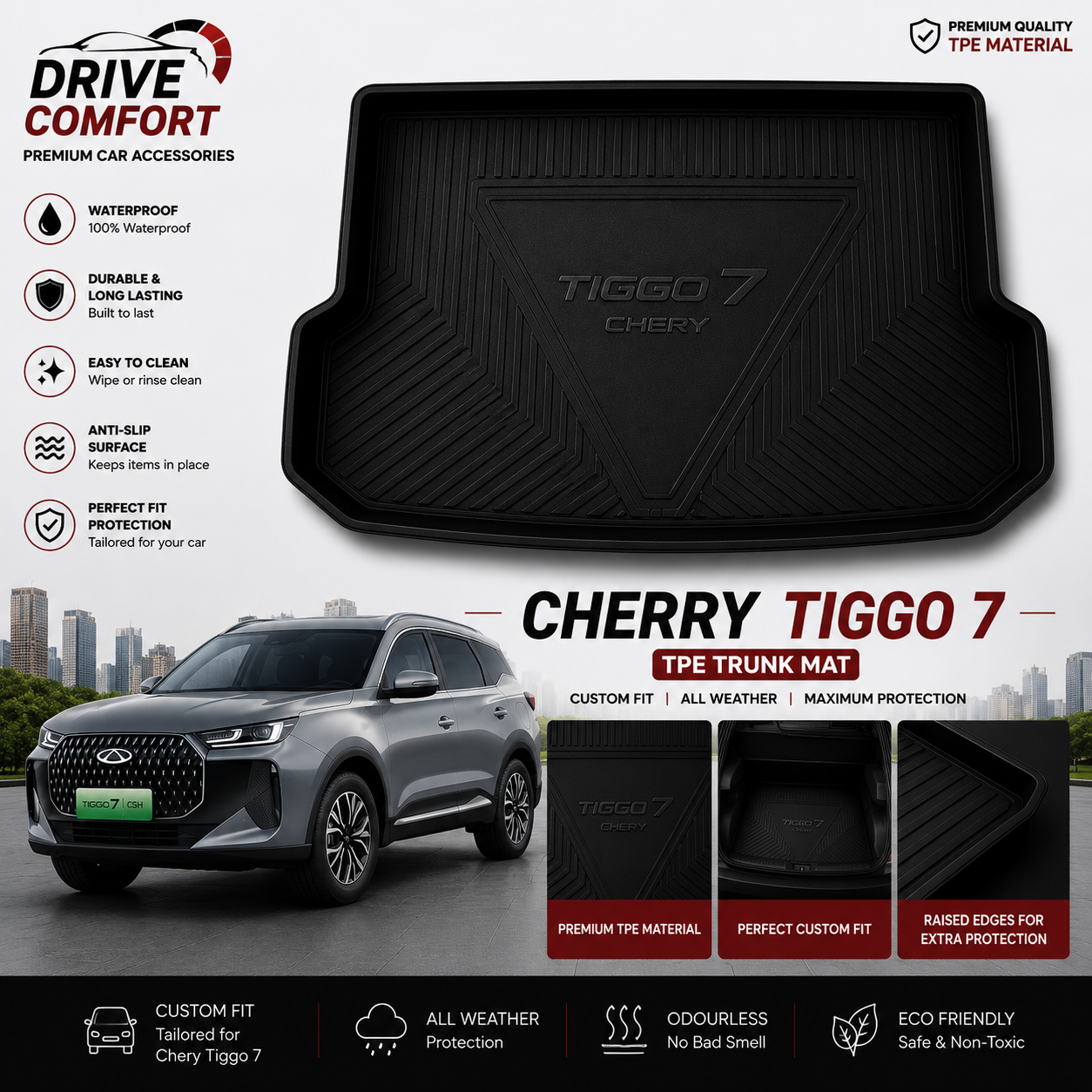 Chery Tiggo 7 TPE Trunk Mat – Premium Plastic Boot Protection