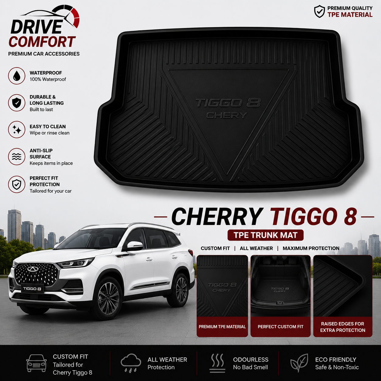 Chery Tiggo 8 TPE Trunk Mat – Premium Plastic Boot Protection