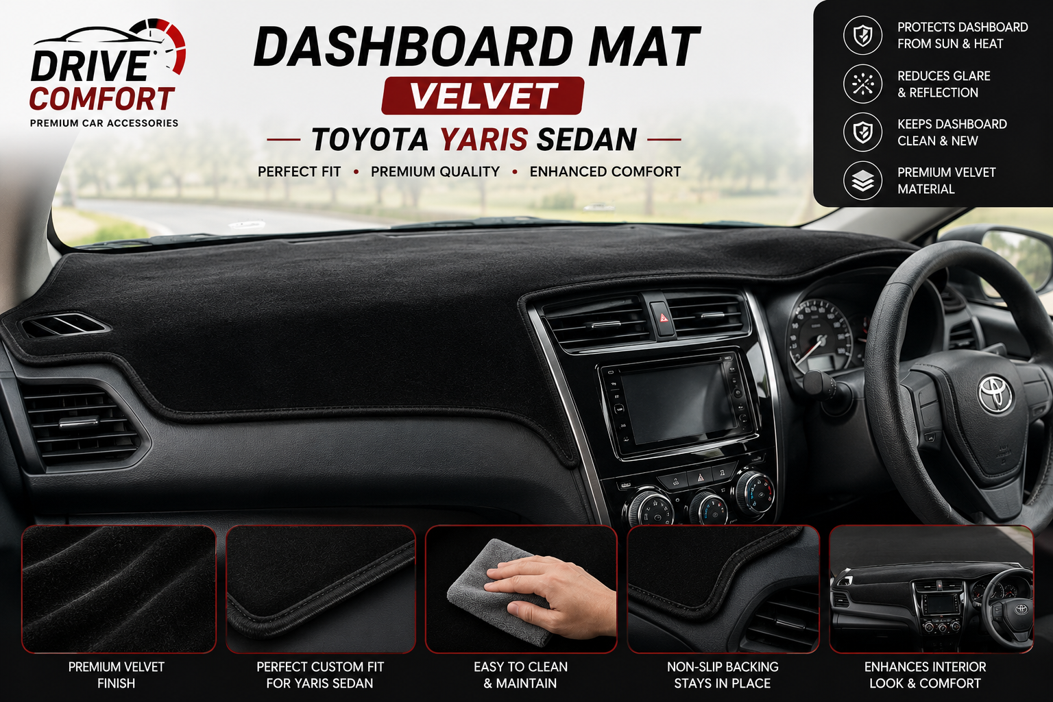 Toyota Yaris Sedan Dashboard Mat Soft Velvet Fabric Sun Protection Cover