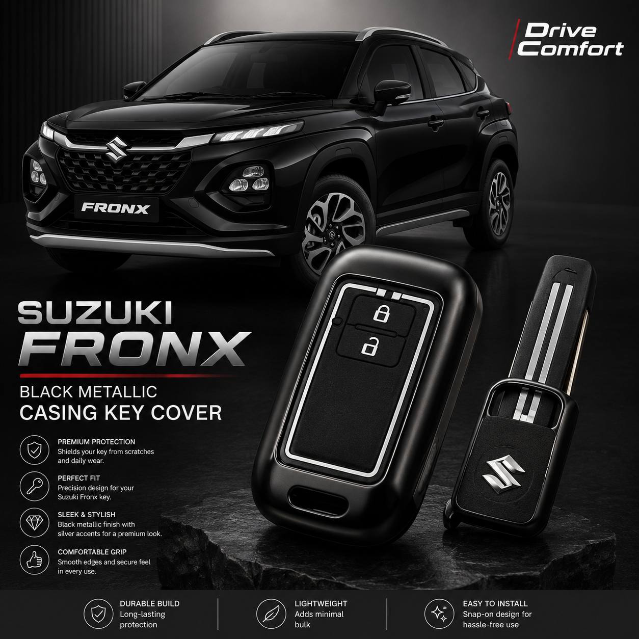 Suzuki Fronx Black Metallic Casing Key Cover – Premium Protection