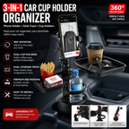 Car Cup Holder Organizer with Phone Holder & Dual Storage Trays | 360° Adjustable Multi-Purpose Automotive Bracket