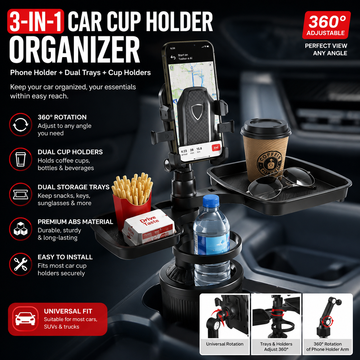 Car Cup Holder Organizer with Phone Holder & Dual Storage Trays | 360° Adjustable Multi-Purpose Automotive Bracket