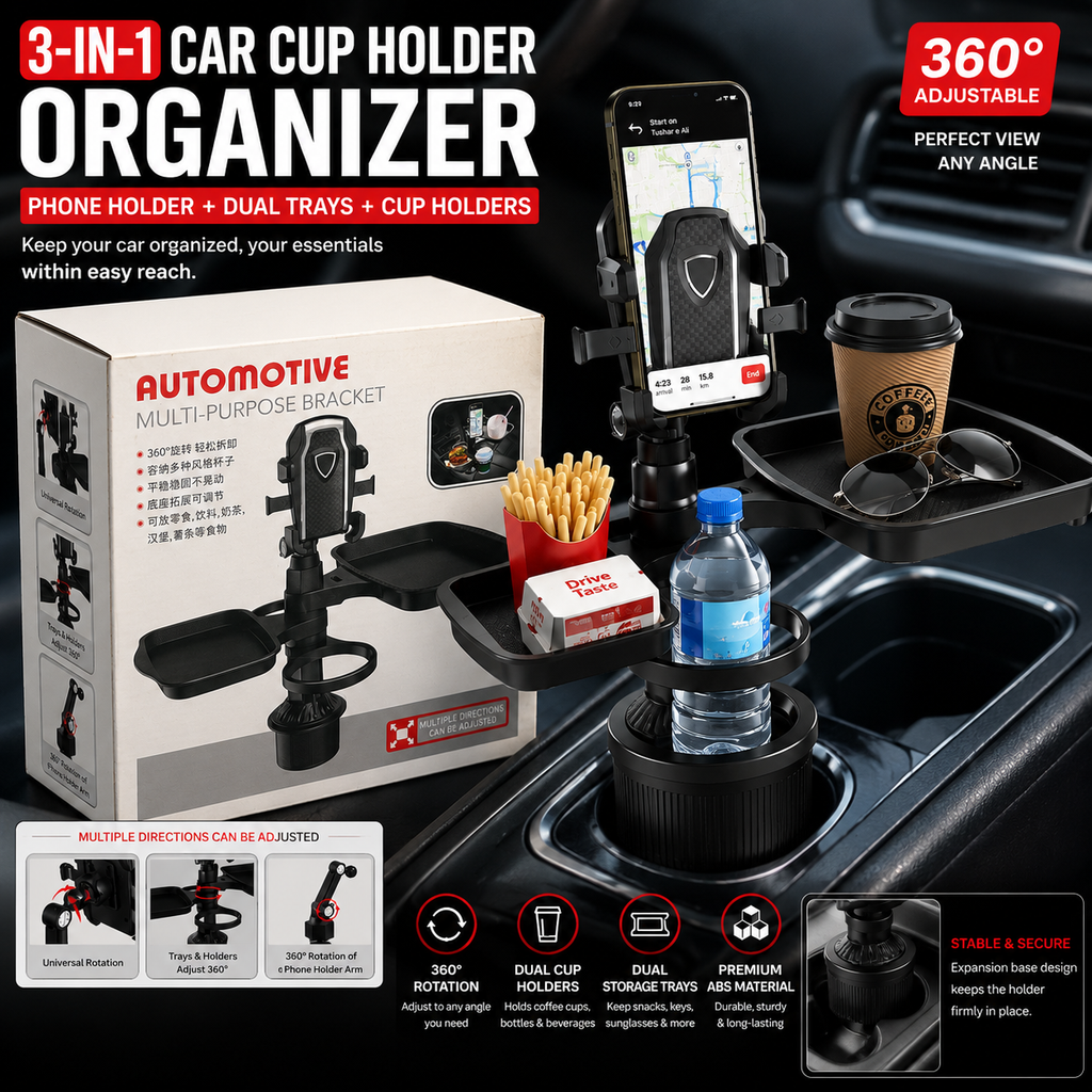Car Cup Holder Organizer with Phone Holder & Dual Storage Trays | 360° Adjustable Multi-Purpose Automotive Bracket