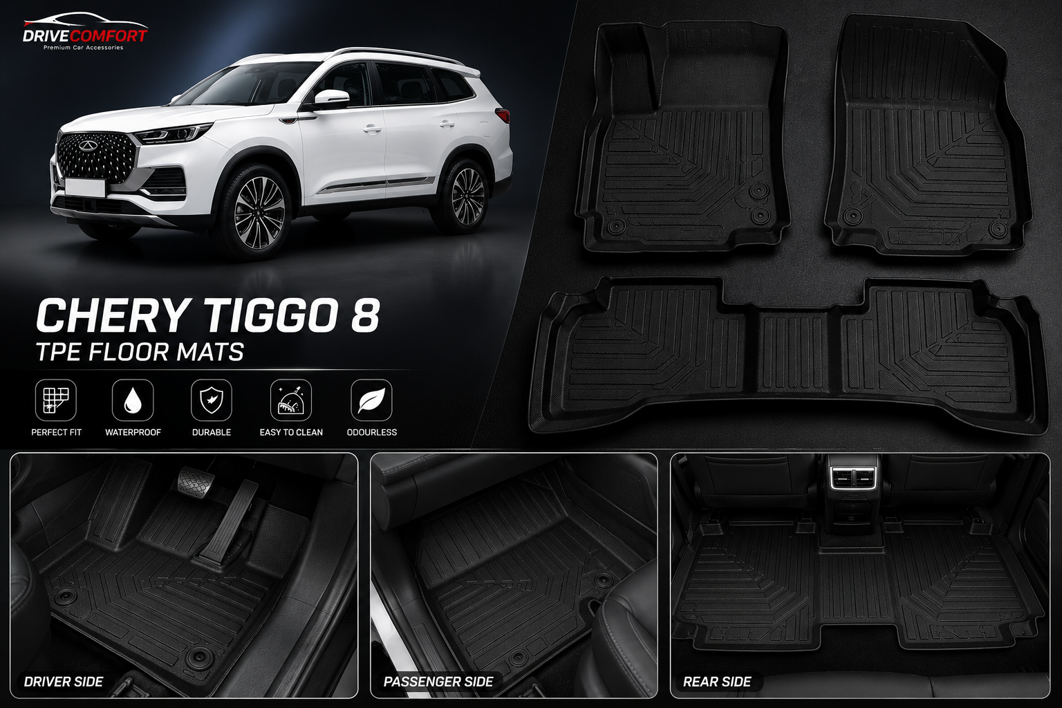 Chery Tiggo 8 TPE Floor Mats – Custom Fit Washable Car Mats