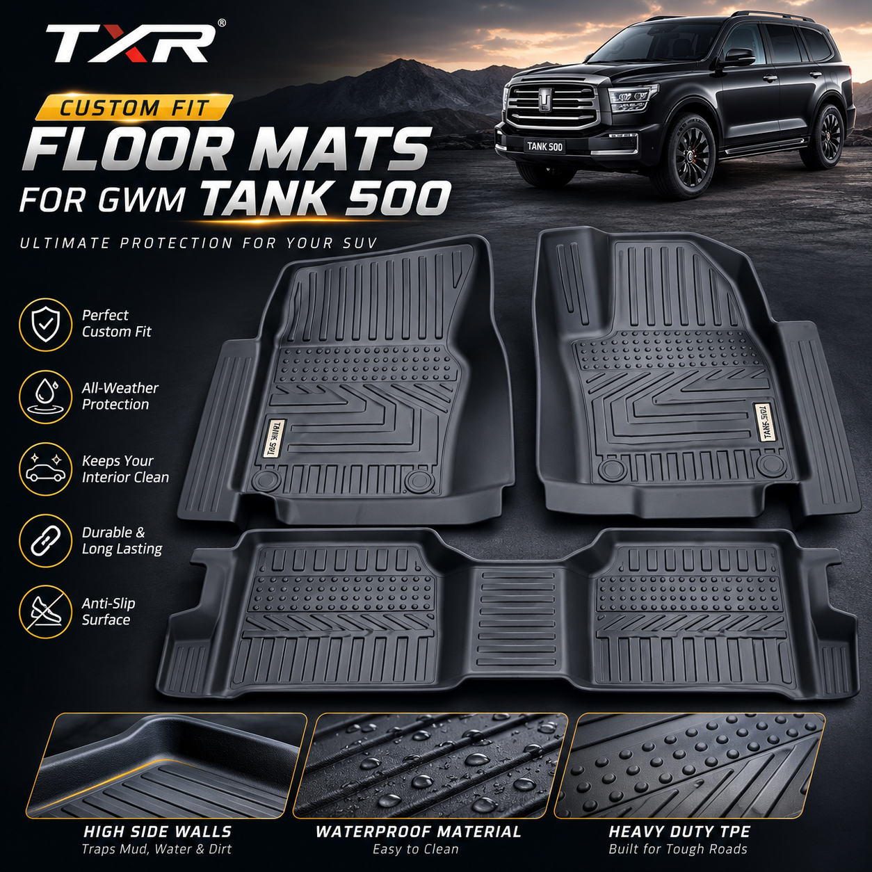 TXR Premium TPE Floor Mats with Door Sill Protection for GWM Tank 500 (Black) | Custom Fit