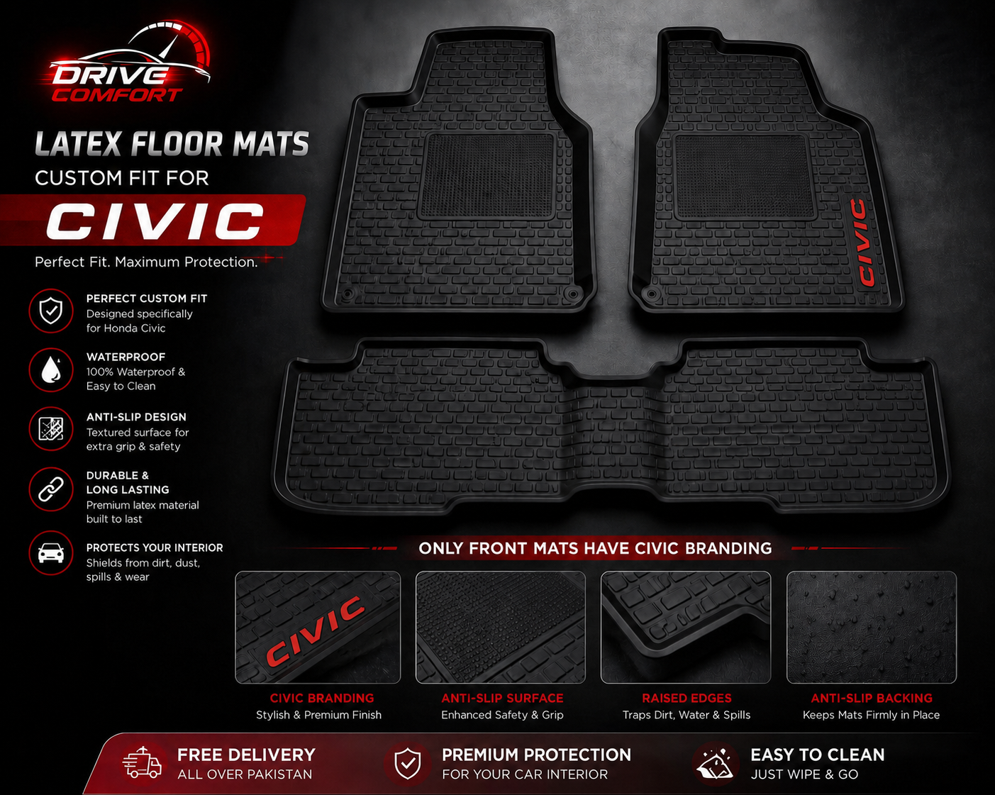 Honda Civic Custom-Fit Latex Floor Mats – Black
