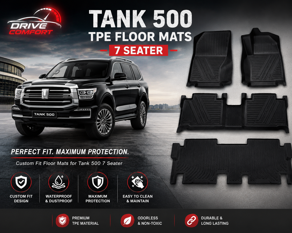 Black rubber TPE floor mats for a 7-seater Tank 500 SUV, shown with a vehicle graphic and product layout on a dark promotional background with feature icons.