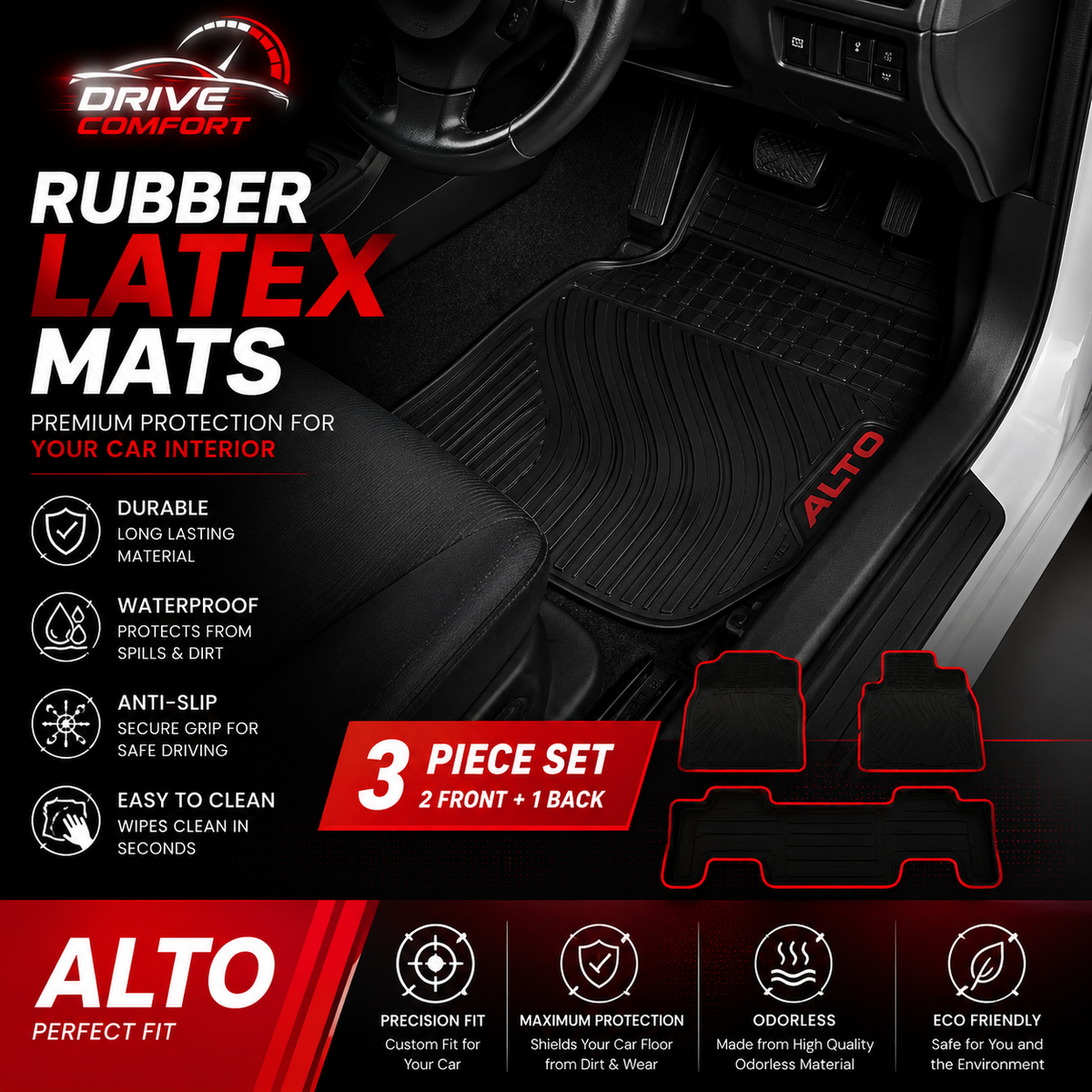 Suzuki Alto Custom-Fit Latex Floor Mats – Black