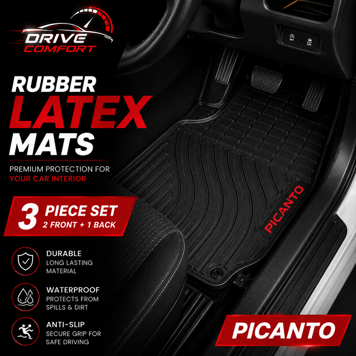 Kia Picanto Custom-Fit Latex Floor Mats – Black