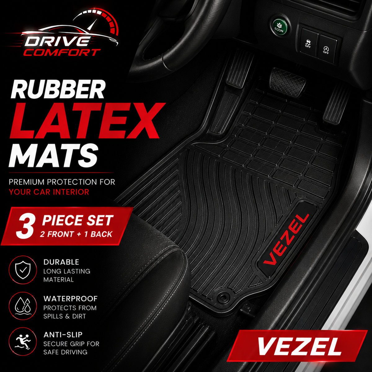 Honda Vezel Custom-Fit Latex Floor Mats – Black