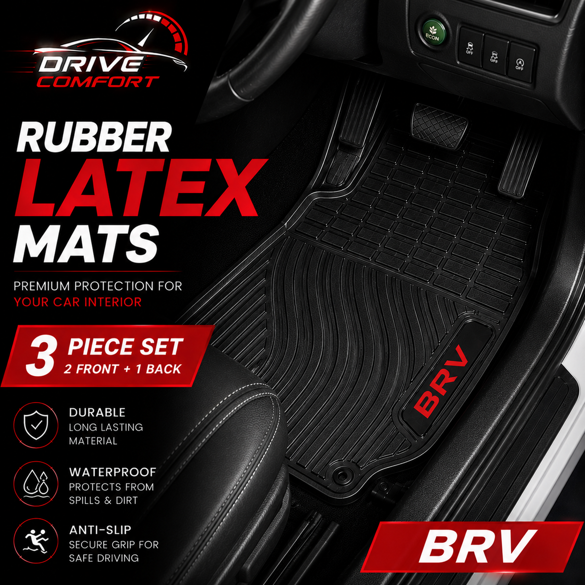 Honda BR-V Custom-Fit Latex Floor Mats – Black