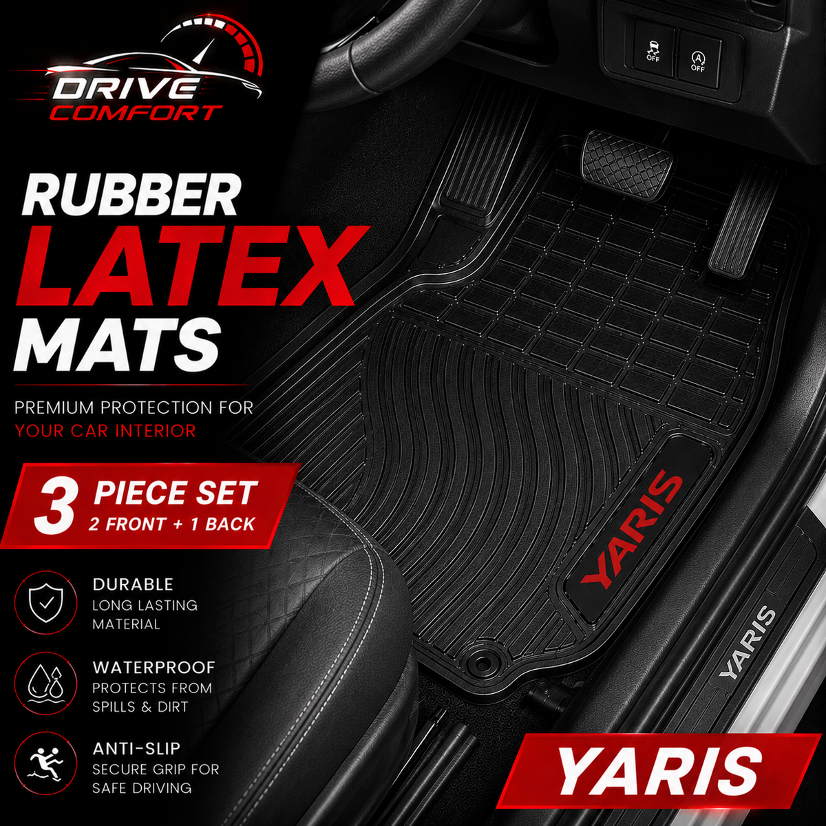 Toyota Yaris Hatchback Custom-Fit Latex Floor Mats – Black