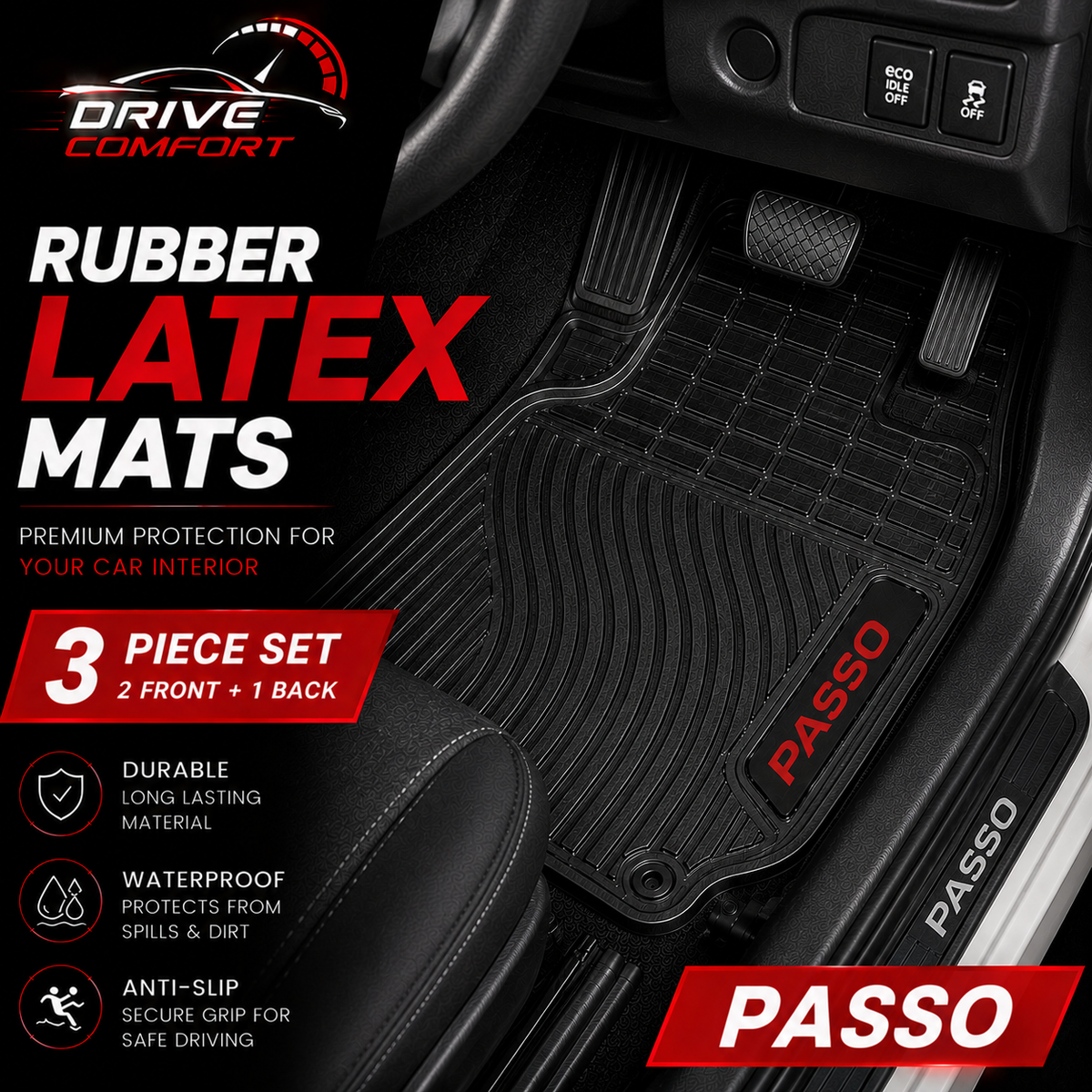 Toyota Passo Custom-Fit Latex Floor Mats – Black