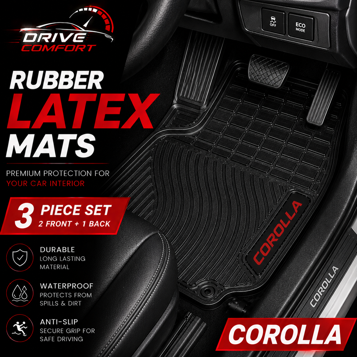 Toyota Corolla Custom-Fit Latex Floor Mats – Black