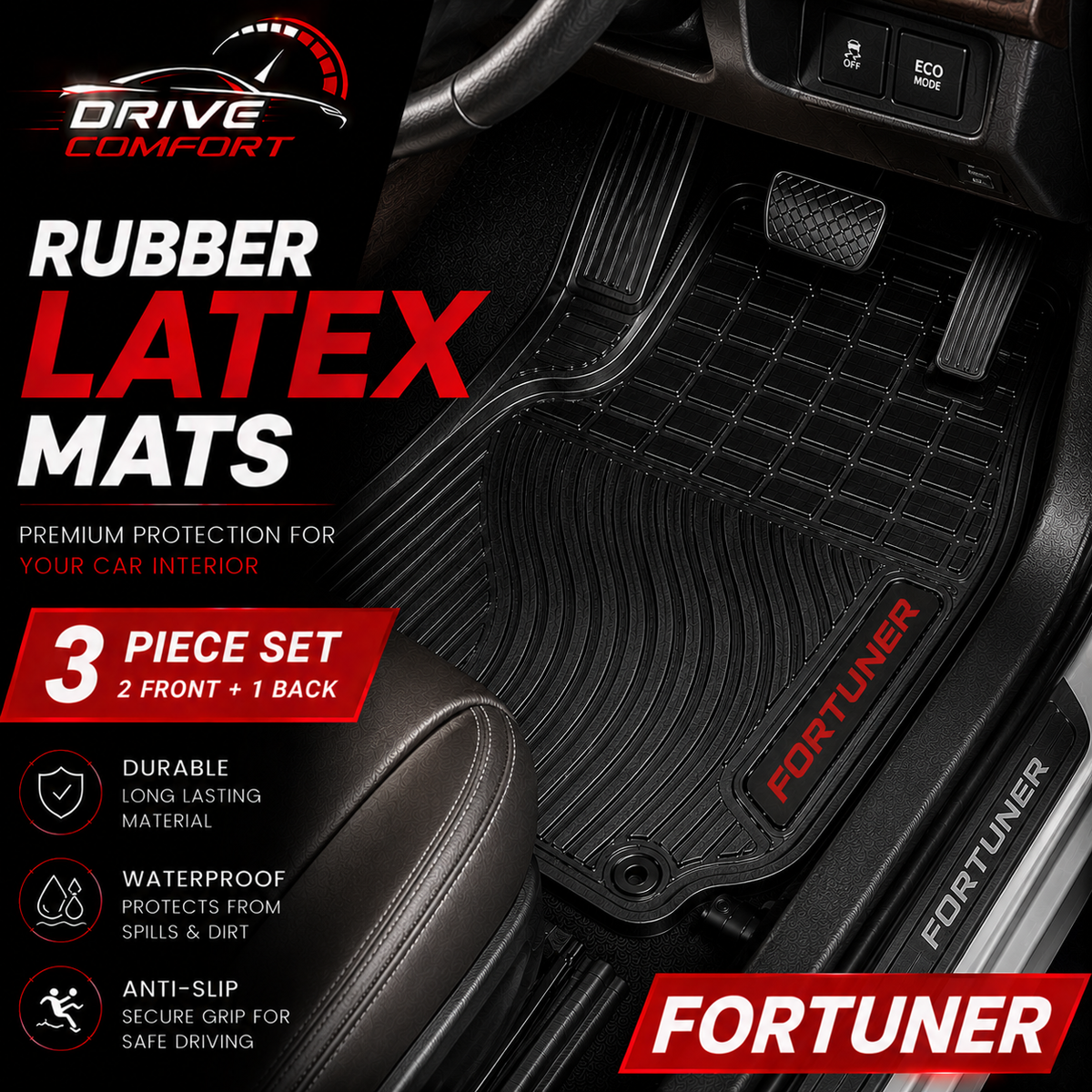 Toyota Fortuner Custom-Fit Latex Floor Mats – Black