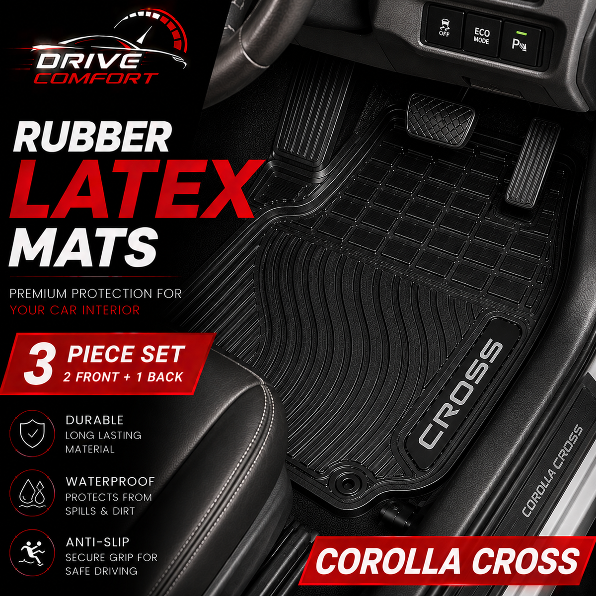 Toyota Corolla Cross Custom-Fit Latex Floor Mats – Black