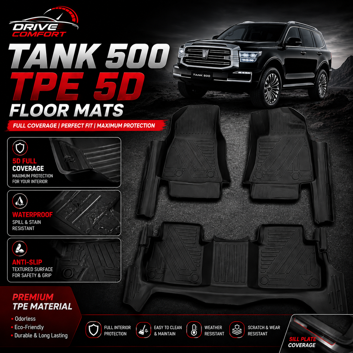 GWM Tank 500 TXR TPE 5D Floor Mats – Full Sill Plate Coverage