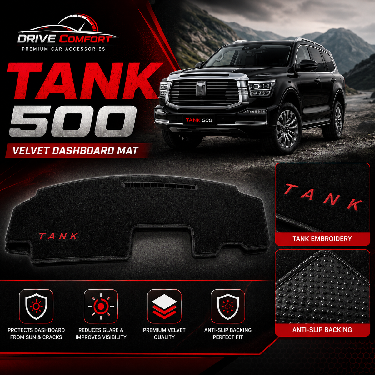 GWM Tank 500 Dashboard Mat – Soft Velvet Fabric Sun Protection Cover