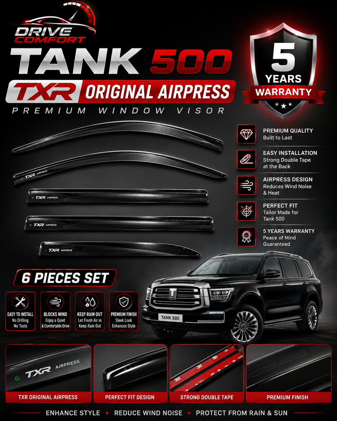 GWM Tank 500 TXR Original Air Press Window Visors – Premium Smoke Sun Visors