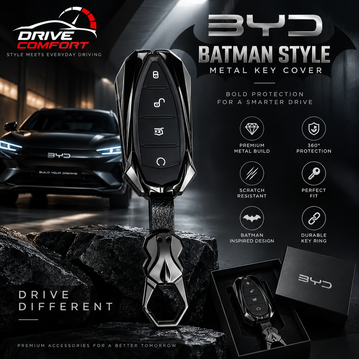 BYD Sealion 7 Batman Style Metallic Key Cover - Premium Quality
