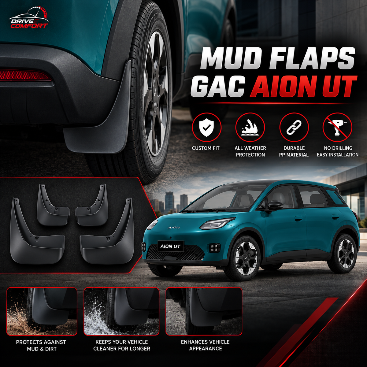 GAC Aion UT Mud Flaps – Custom Fit, All Weather Protection | Durable PP Material | Easy Installation