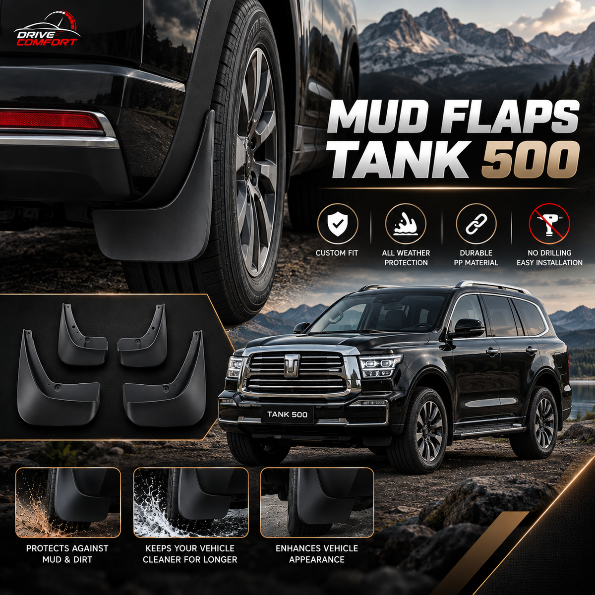 GWM Tank 500 Mud Flaps – Custom Fit, All Weather Protection | Durable PP Material | Easy Installation