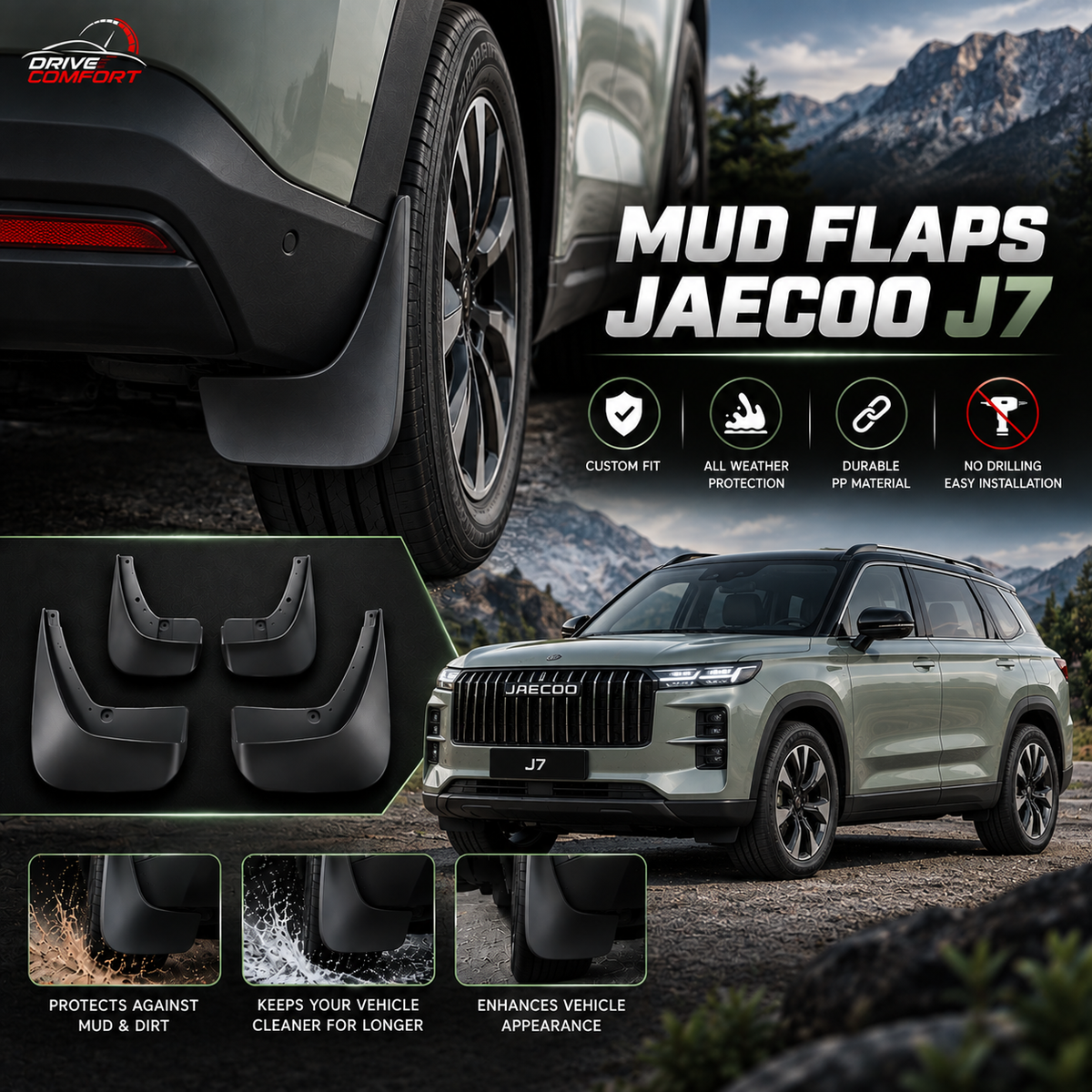Jaecoo J7 Mud Flaps – Custom Fit, All Weather Protection | Durable PP Material | Easy Installation