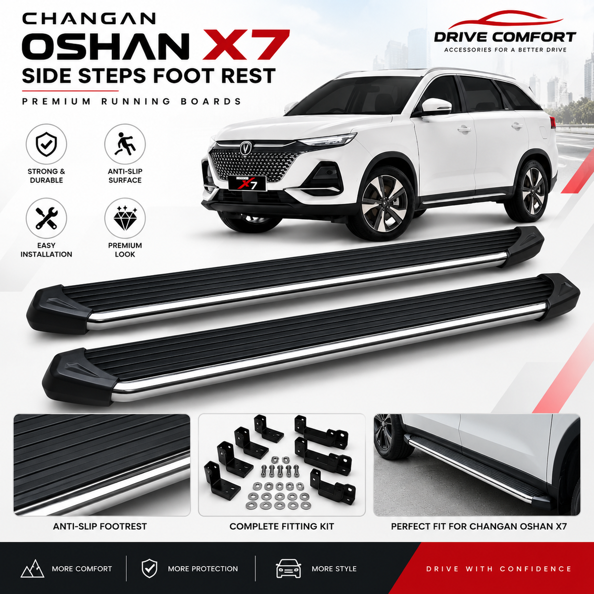 Oshan X7 Side Steps Running Boards – Premium Anti-Slip Foot Rest with Complete Fitting Kit