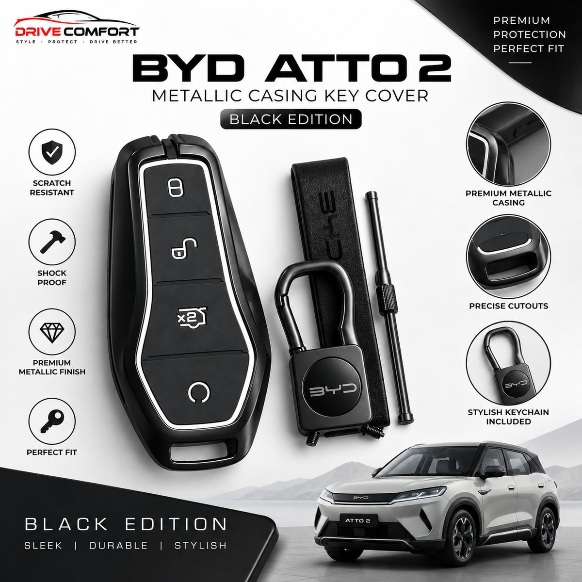BYD Atto 2 Metallic Casing Key Cover – Black Edition