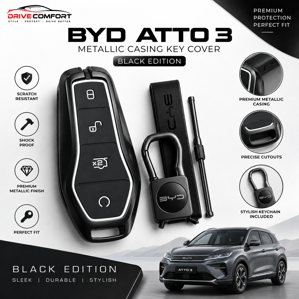 BYD Atto 3 Metallic Casing Key Cover – Black Edition