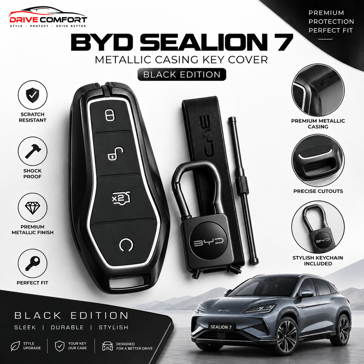 BYD Sealion 7 Metallic Casing Key Cover – Black Edition