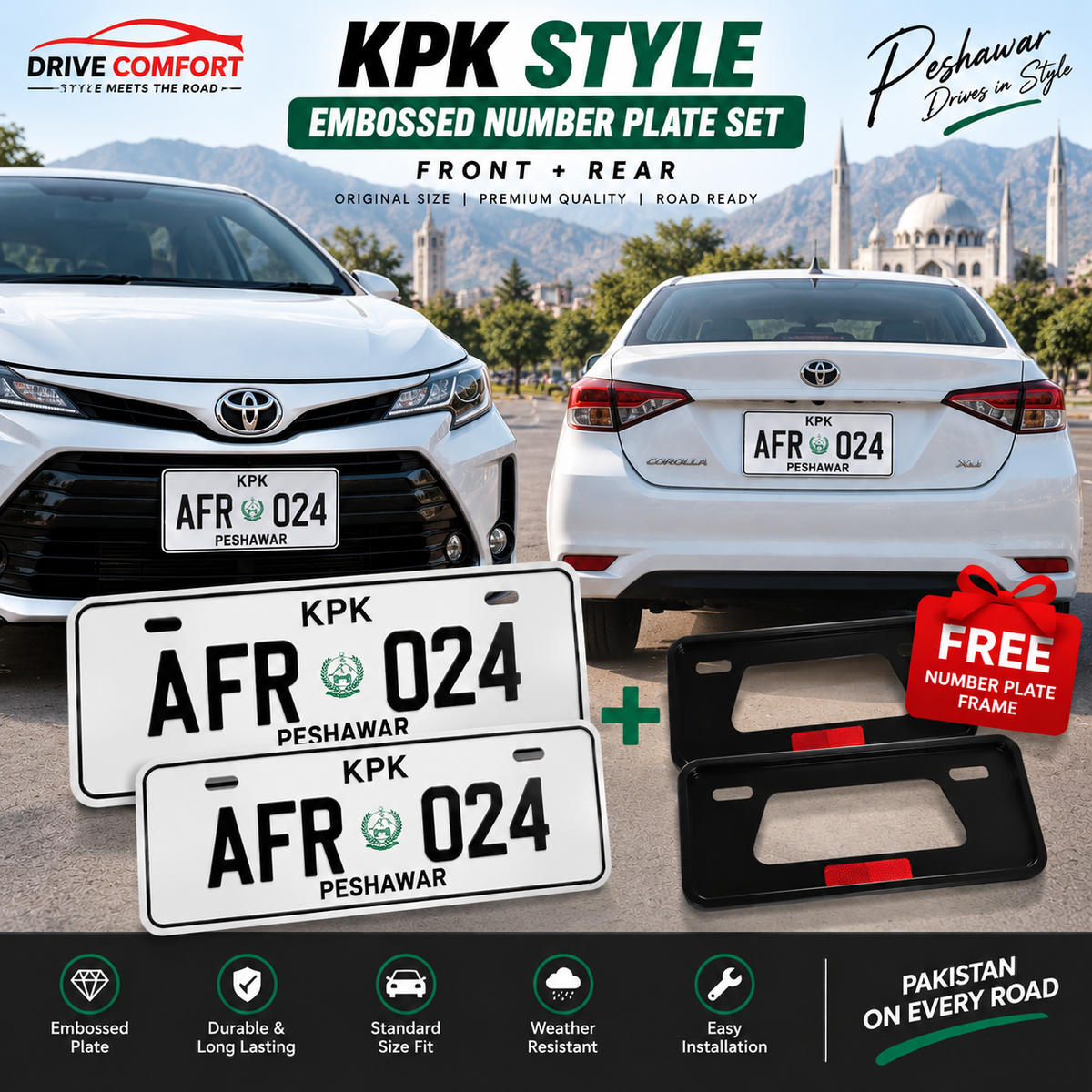 KPK Embossed Number Plate Set – Front + Rear | FREE Frame Included
