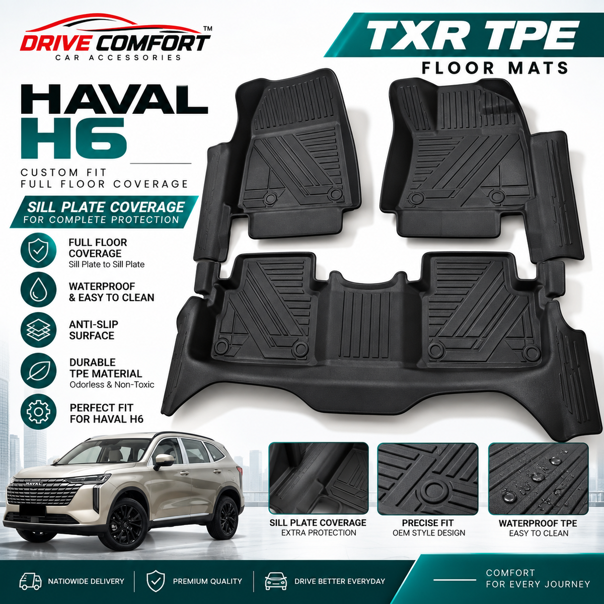 Haval H6 TXR Premium TPE Floor Mats with Sill Plate Coverage
