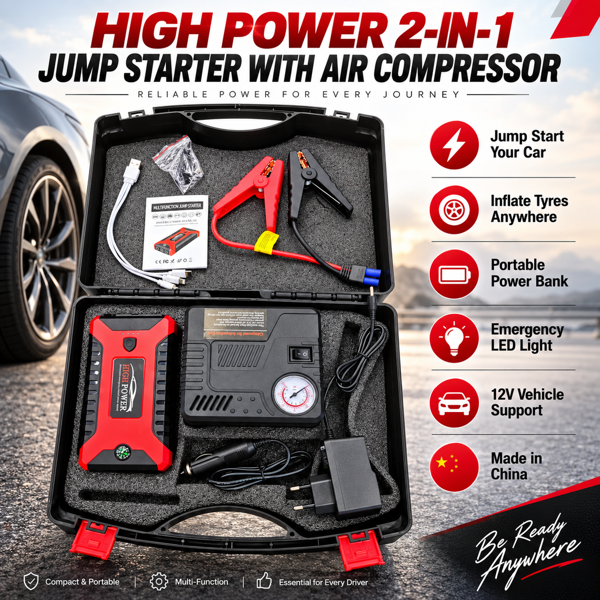 2-in-1 Car Jump Starter with Air Compressor