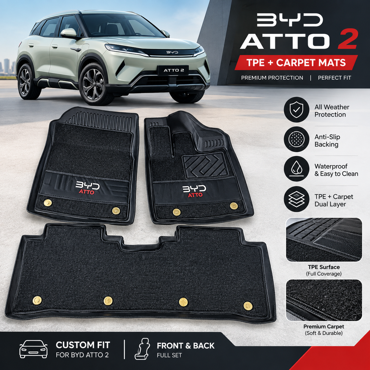 BYD Atto 2 TPE + Carpet Floor Mats – 2-in-1 Double Layer Custom Fit Car Mats