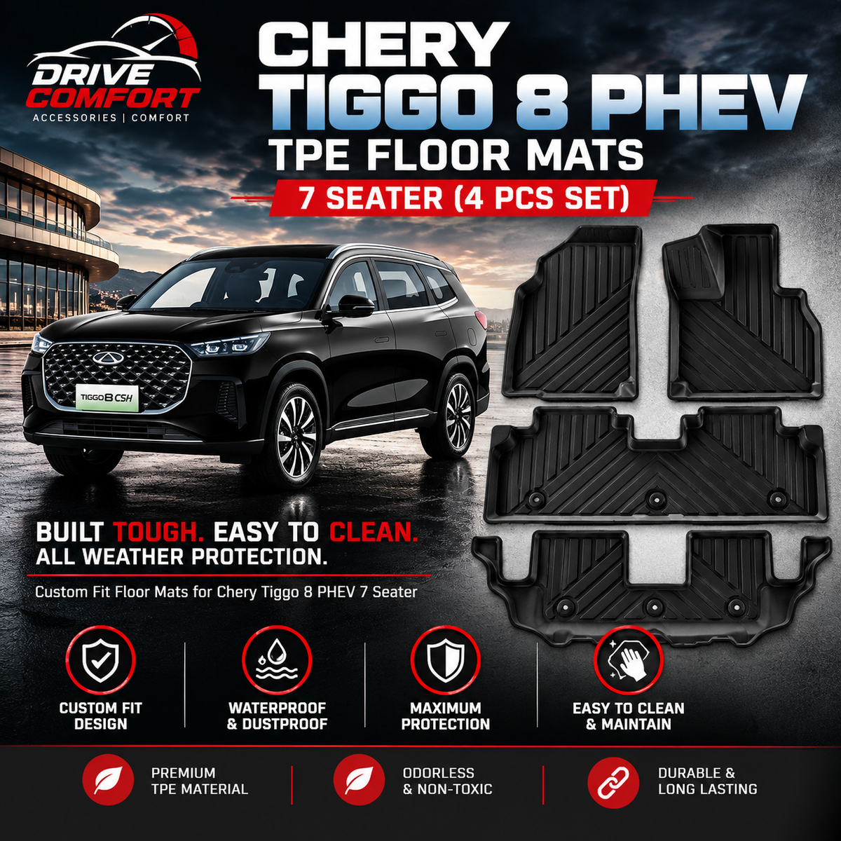 Chery Tiggo 8 PHEV TPE Floor Mats – 7 Seater 4 Pcs Custom Fit All Weather Car Mats
